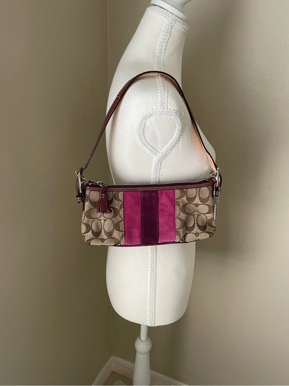 Vintage Coach 7039 Signature Stripe Suede Demi Baguette Shoulder Bag